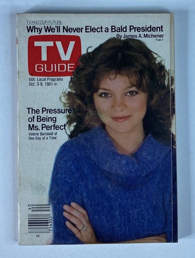Cover of TV Guide Magazine October 3, 1981 issue #1488 featuring Valerie Bertinelli in a blue sweater, highlighting articles like 'The Pressure of Being Ms. Perfect' and commentary on the political landscape.