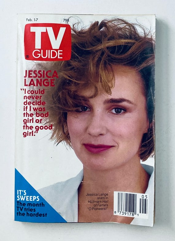 TV Guide Magazine cover from February 1, 1992 featuring Jessica Lange with the quote, 'I could never decide if I was the bad girl or the good girl!', highlighting her role in 'O Pioneers!'. A piece of television history and collectible vintage magazine.