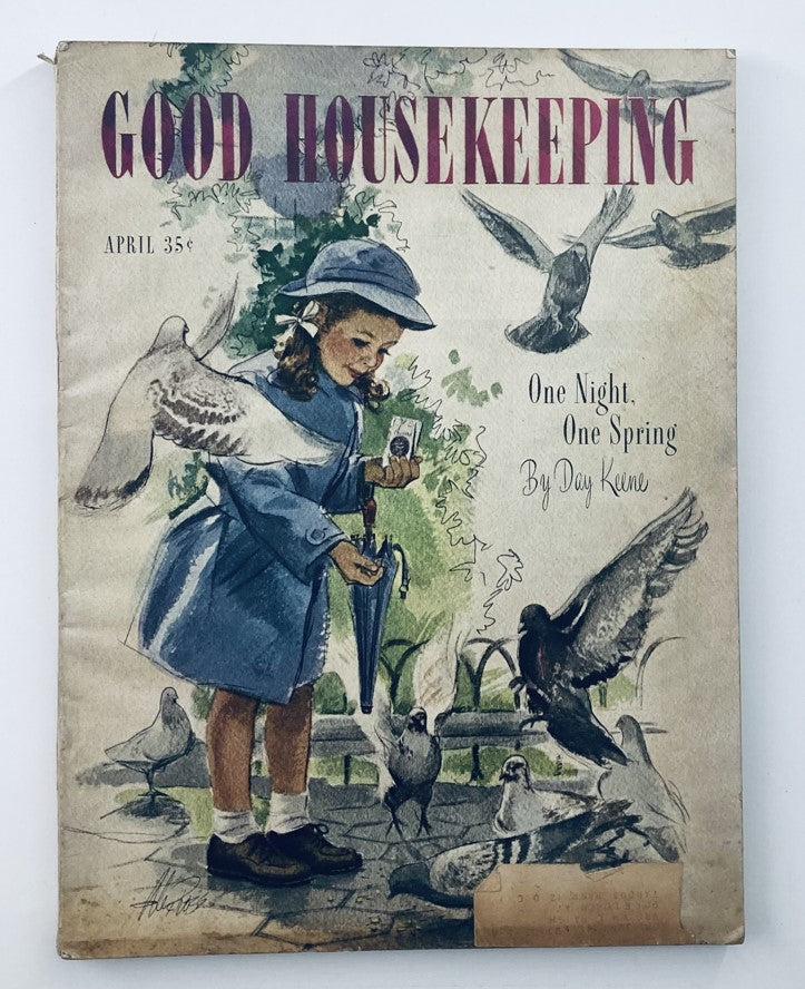 Cover of VTG Good Housekeeping Magazine from April 1946 featuring the story 'One Night, One Spring' by Day Keene, illustrated with a young girl in a blue coat surrounded by birds.