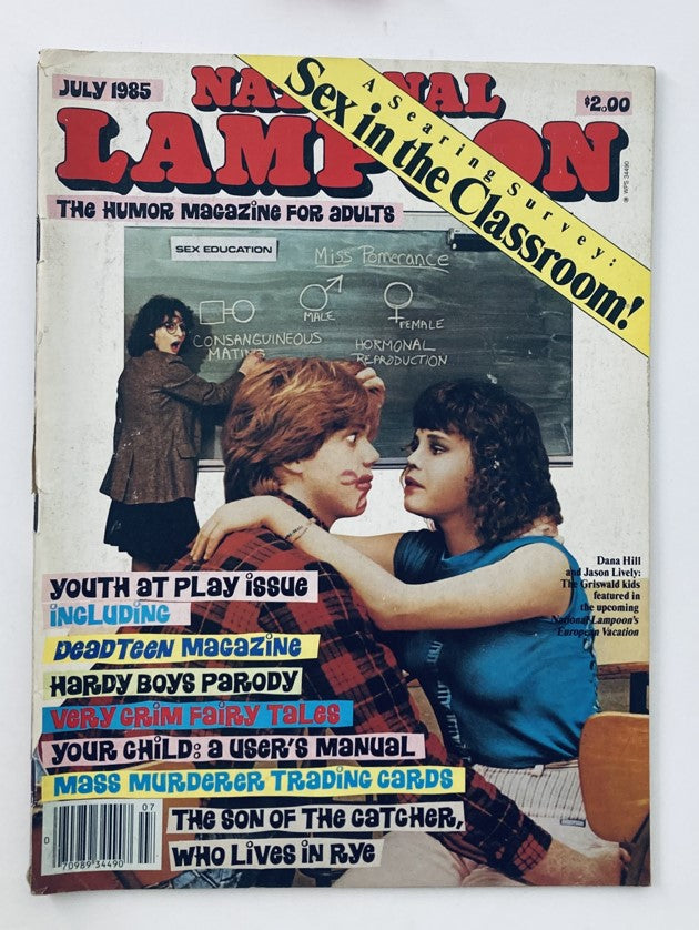 Vintage National Lampoon Magazine Cover - July 1985 featuring Dana Hill and Jason Lively, capturing a humorous moment related to sex education.