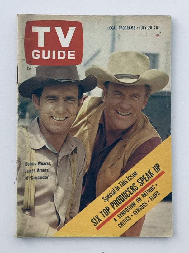 Front cover of TV Guide Magazine July 20, 1963, featuring Dennis Weaver and James Arness, showcasing a vintage design with program highlights.