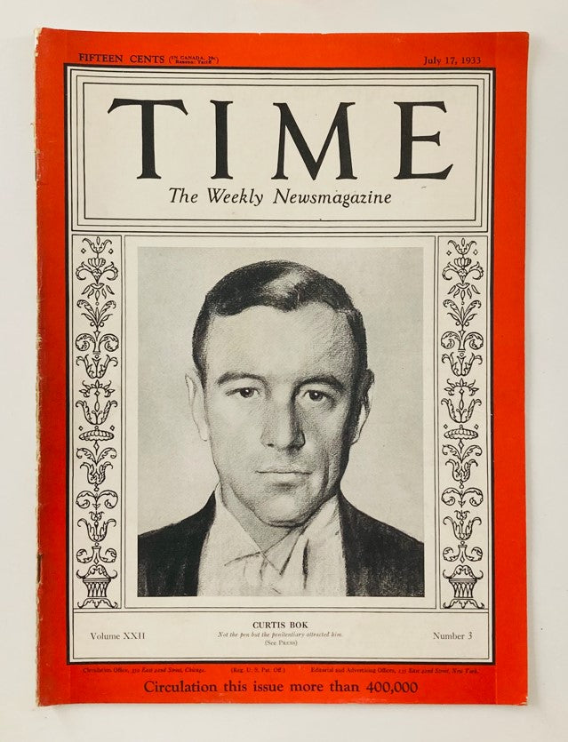 Vintage Time Magazine from July 17, 1933, Volume 22, Number 3 featuring a cover image of American Judge Curtis Bok.