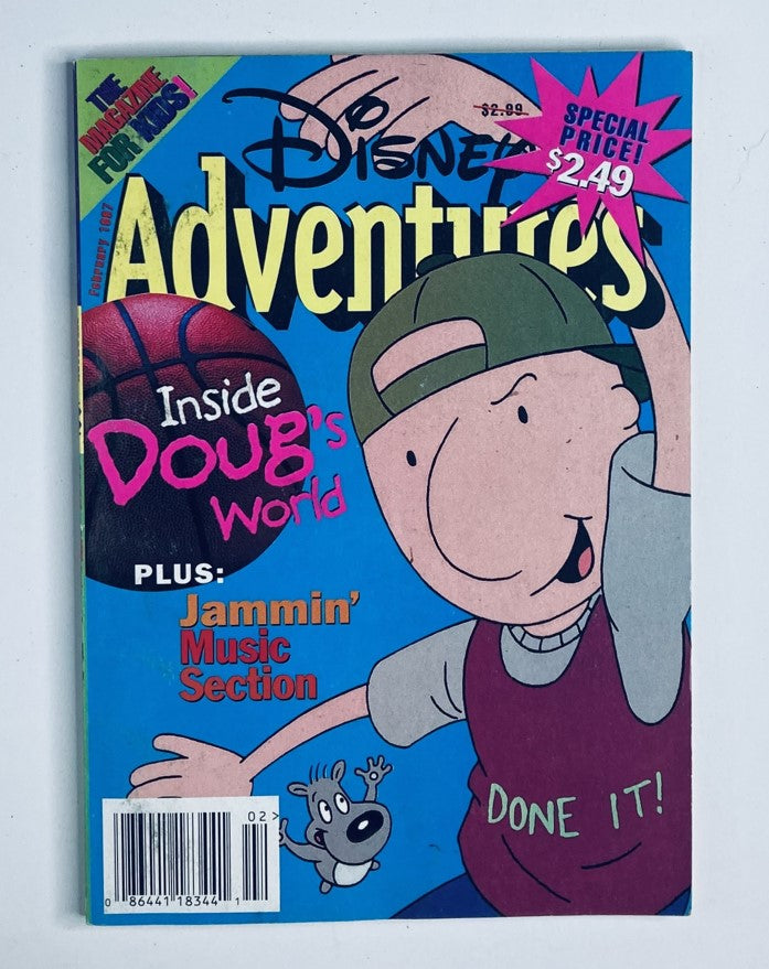 Cover of Disney Adventures Magazine February 1997 featuring an illustration of Doug, showcasing 'Inside Doug's World' and the tagline 'Jammin' Music Section'.