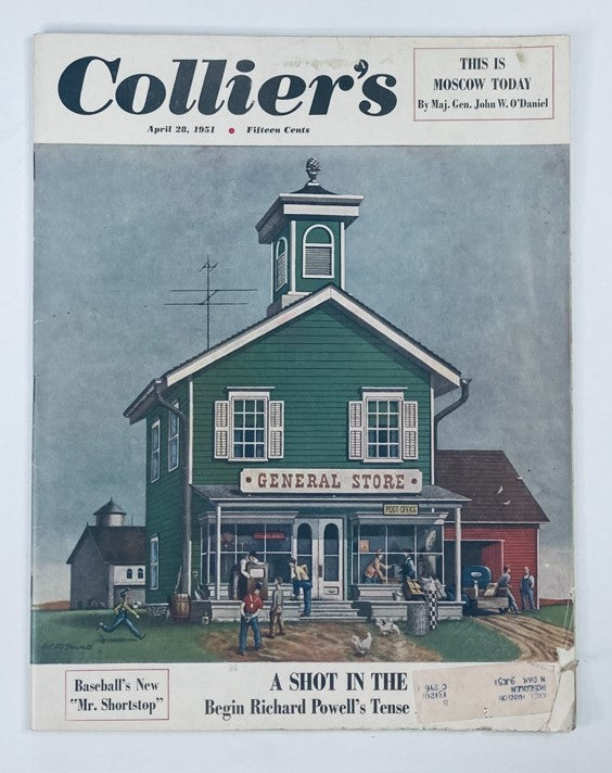 Cover of VTG Collier's Magazine April 28 1951 Vol 127 No. 17 featuring a green general store illustration and the title 'Our Mightiest Ghost'.
