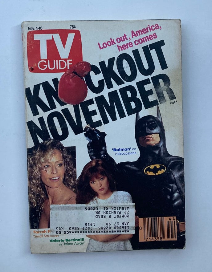 TV Guide Magazine from November 4, 1989 featuring Valerie Bertinelli on the cover, showcasing a retro design with Batman and promotional text for the movie 'Batman' on videocassette.