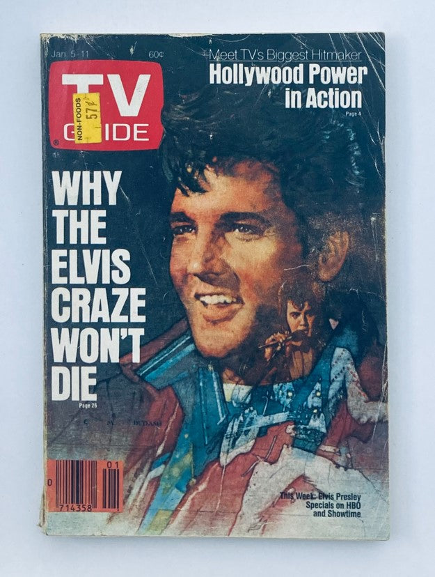 Cover of TV Guide Magazine dated January 5, 1985 featuring the title 'Why the Elvis Craze Won't Die' along with a striking image of Elvis Presley. This vintage magazine showcases TV listings and articles related to Elvis and Hollywood.