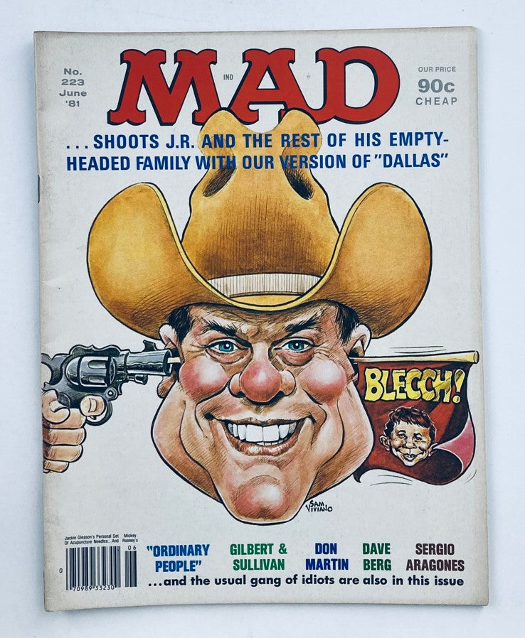 Mad Magazine June 1981 No. 223 cover featuring a satirical illustration of a gun-toting cowboy, emphasizing humor and culture of the 1980s Dallas entertainment scene.