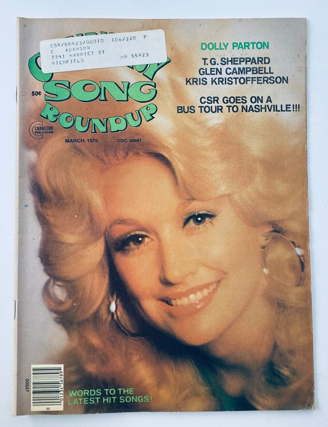Cover of the VTG Country Song Roundup Magazine from March 1976 featuring Dolly Parton and T.G. Sheppard, showcasing vintage country music history.