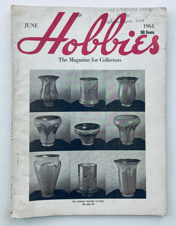 Cover of VTG Hobbies Magazine June 1964 featuring The Hooked Feather Pattern with an assortment of collectible glass vases.