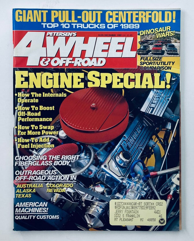 Cover of VTG Petersen's 4 Wheel & Off-Road Magazine December 1989 featuring an engine special, pull-out centerfold, and articles on off-road performance and customization.