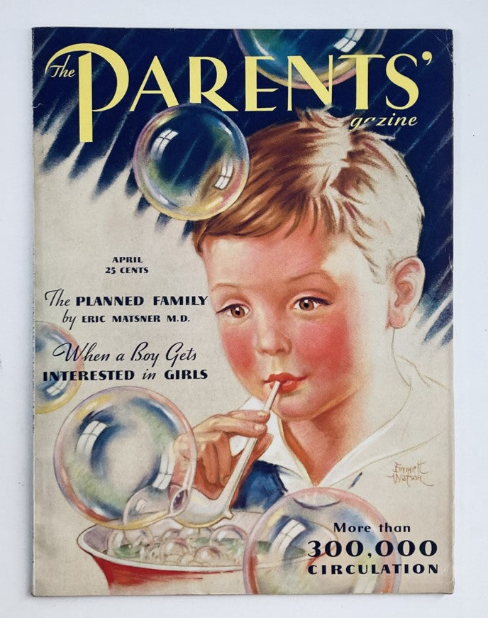 Cover of VTG The Parents' Magazine April 1933 featuring the issue titled 'The Planned Family' with a boy playing with bubbles. Historical vintage magazine cover reflecting early 1930s parenting themes.