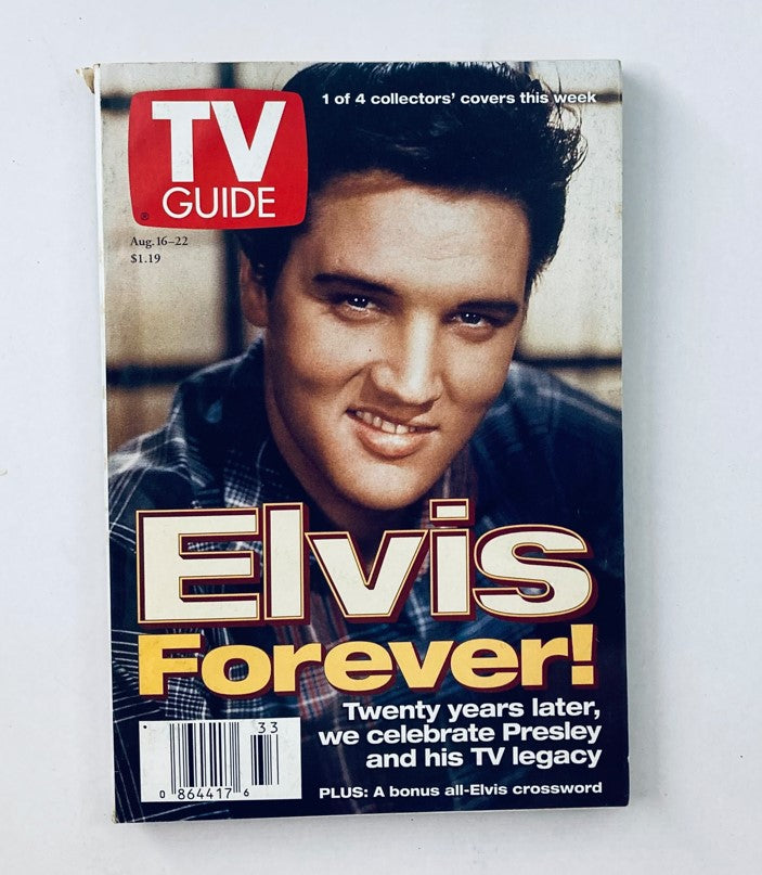 TV Guide Magazine cover from August 16, 1997 featuring Elvis Presley with the title 'Elvis Forever!'. Celebrating twenty years since his passing and highlighting his TV legacy.