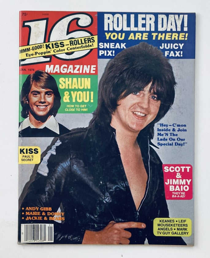 Cover of VTG 16 Magazine January 1978 featuring KISS, Scott Baio, and his brother Jimmy Baio, highlighting 'Roller Day' with vibrant colors and nostalgic pop culture appeal.