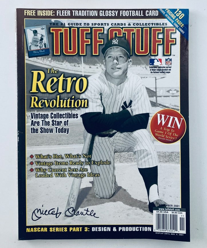 Cover of Tuff Stuff Magazine November 2001 Vol 18 No. 7 featuring MLB legend Mickey Mantle, highlighting vintage collectibles and sports memorabilia, with a promotion for a contest.