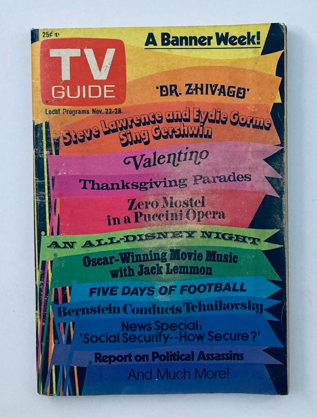 Cover of TV Guide Magazine from November 22, 1975, issue #1181 titled 'A Banner Week!' featuring highlights such as 'Dr. Zhivago', Thanksgiving Parades, and an all-Disney night.