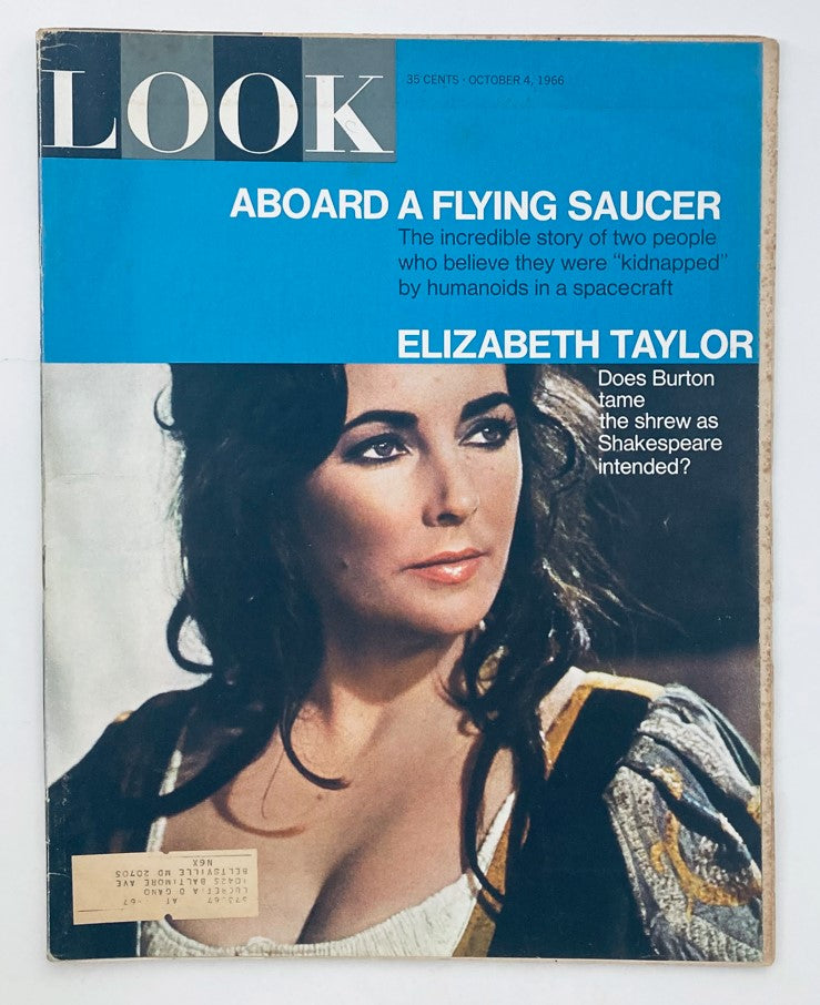 VTG Look Magazine October 4 1966 Vol 30 No. 20 featuring Elizabeth Taylor on the cover, highlighting an article titled 'Aboard a Flying Saucer' with striking photography and vintage design.