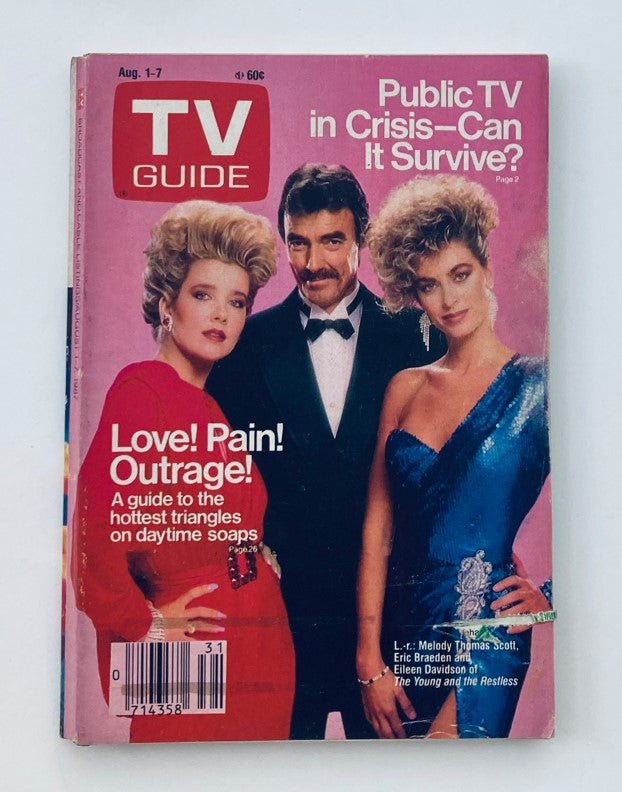 Cover of TV Guide Magazine August 1 1987, featuring iconic stars from 'The Young and the Restless', showcasing a dramatic theme with text about daytime soap stories.
