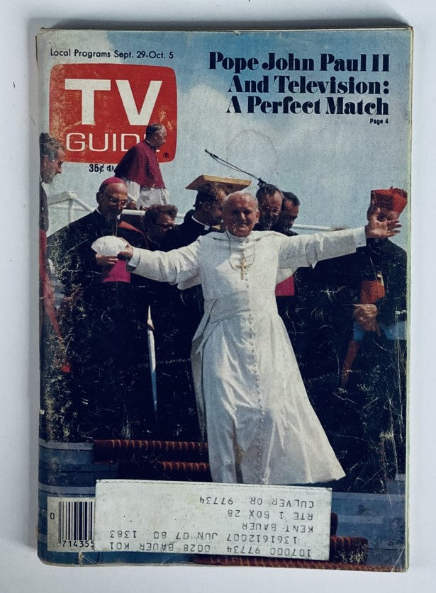 Cover of TV Guide Magazine from September 29, 1979, featuring Pope John Paul II, titled 'Pope John Paul II And Television: A Perfect Match.' The cover showcases the Pope engaging with a crowd, highlighting the magazine's focus on media and cultural significance during the late 1970s.