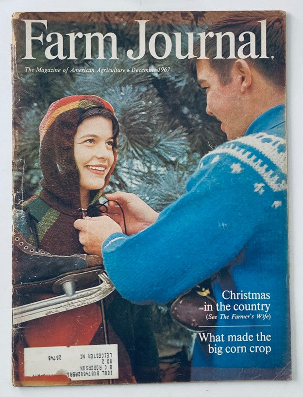 Cover of the VTG Farm Journal Magazine from December 1967, featuring a festive theme of 'Christmas in the Country.' It shows a young girl smiling while wearing a hood, and a cheerful young man wearing a blue sweater, both in a winter landscape with Christmas decorations.