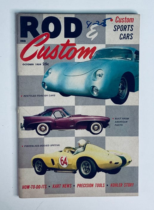 Cover of VTG Rod & Custom Magazine October 1959 featuring classic sports cars and the title 'Rod & Custom' prominently displayed.