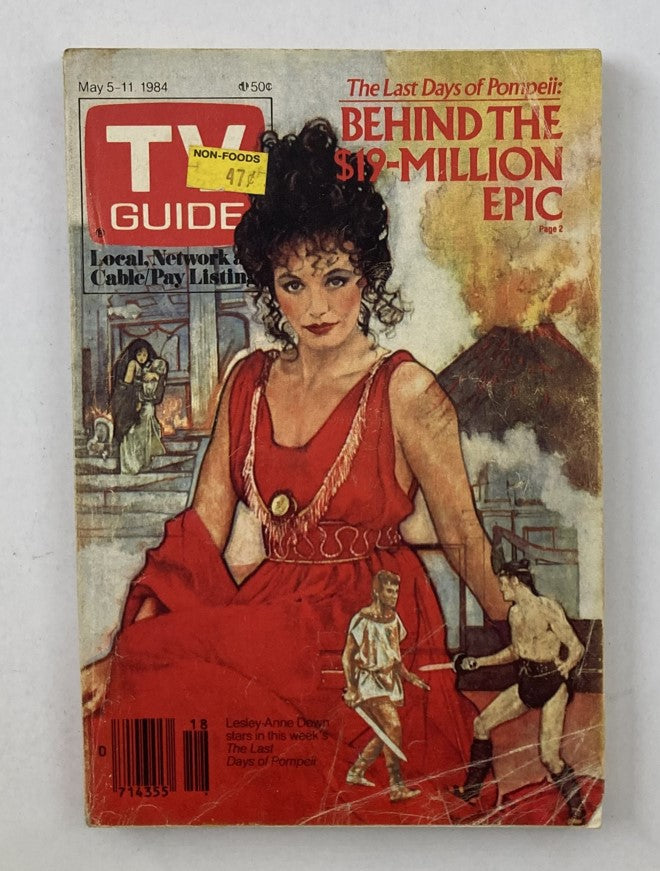 TV Guide Magazine cover from May 5, 1984 featuring Lesley-Anne Down, focusing on the TV event 'The Last Days of Pompeii'. The magazine is illustrated with vivid artwork, showcasing characters from the epic and includes details like a price tag on the top left and promotional text.