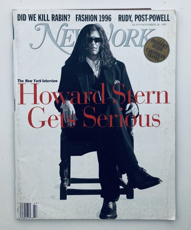 Cover of New York Magazine from November 20, 1995 featuring Howard Stern Gets Serious, showcasing Stern in a black suit and sunglasses sitting on a chair.