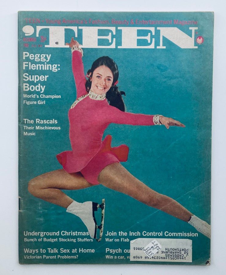 Vintage 'Teen Magazine December 1968 featuring Peggy Flemming, the world's champion figure skater, on the cover in a vibrant pink outfit, showcasing her skating pose.