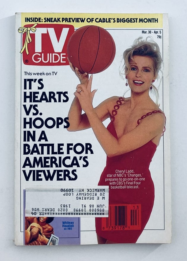 Cover of TV Guide Magazine dated March 30, 1991 featuring Cheryl Ladd, star of NBC's Changes, highlighting a theme of 'Hearts vs. Hoops' in a battle for America's viewers.