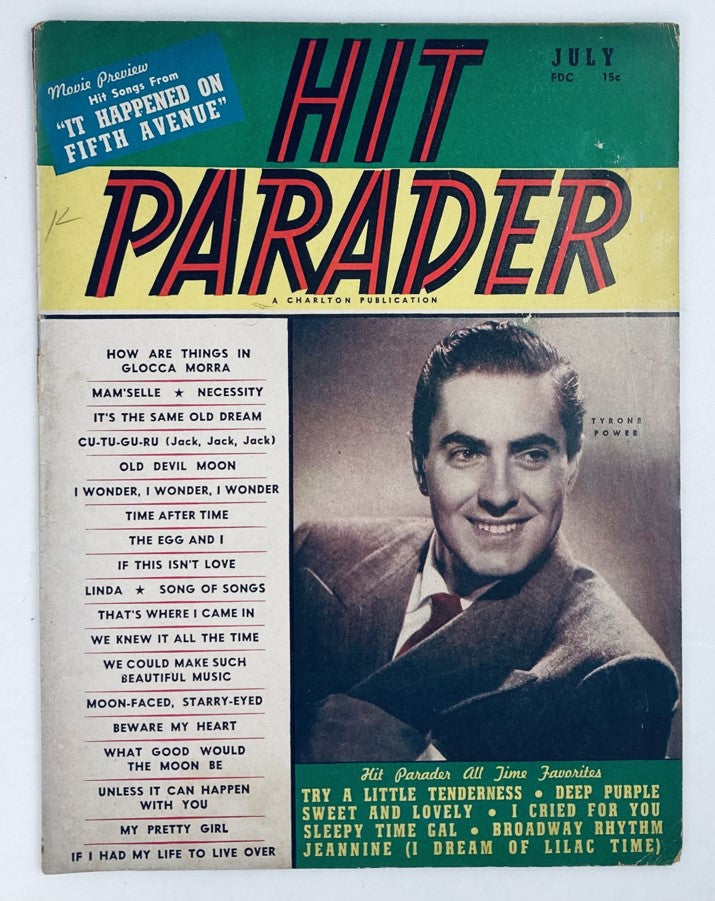 Front cover of VTG Hit Parader Magazine July 1947 featuring Tyrone Power and the musical 'Old Devil Moon' with vibrant colors and classic design.