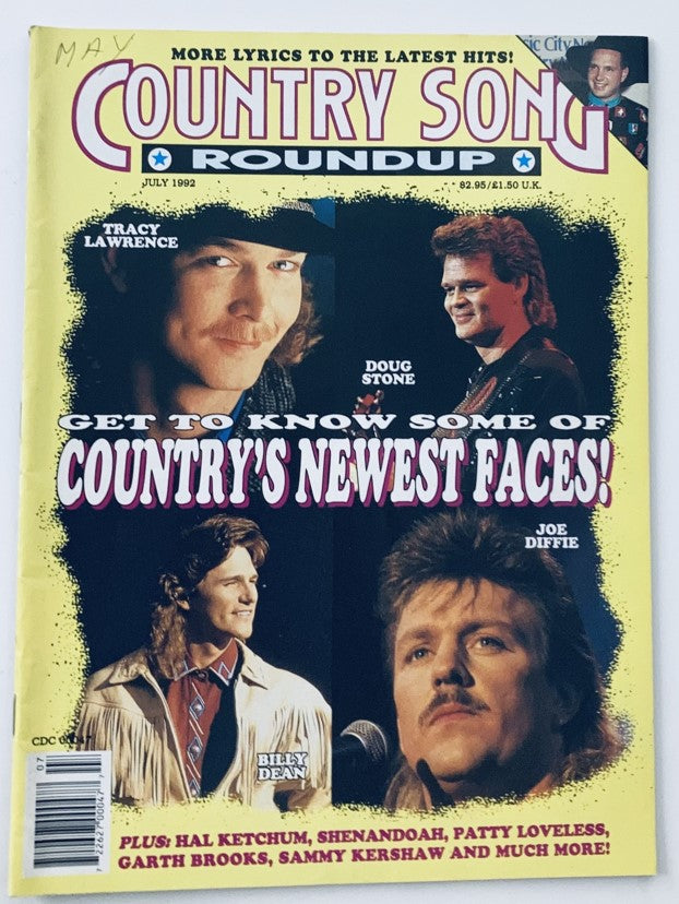Cover of Country Song Roundup Magazine, July 1992 edition featuring Billy Dean, Doug Stone, Tracy Lawrence, and Joe Diffie. Highlights include interviews with country music's newest faces and the tagline 'Get to know some of country's newest faces!'.