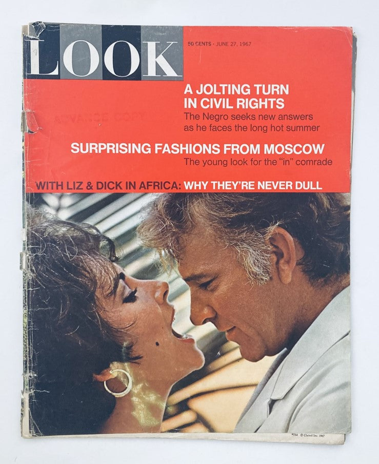 Cover of VTG Look Magazine from June 27, 1967, featuring a dramatic image of Elizabeth Taylor and Richard Burton, highlighting their iconic romance and showcasing the vibrant style of the 1960s.