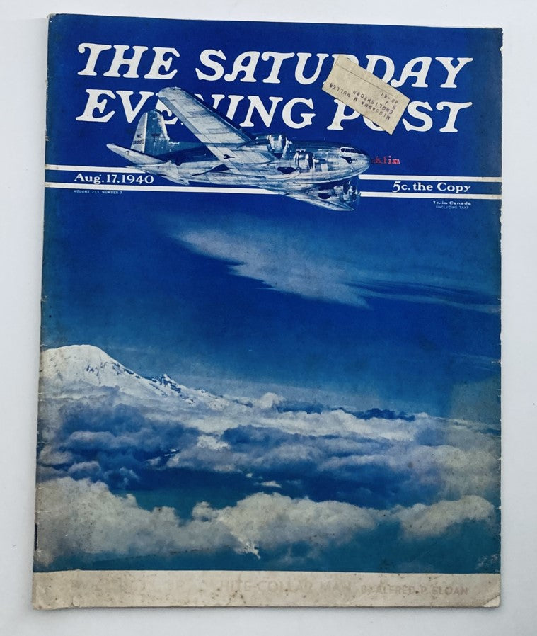 Cover of The Saturday Evening Post Magazine, August 17, 1940, featuring an airplane above clouds, titled 'Limbs is a Flourish Word'.