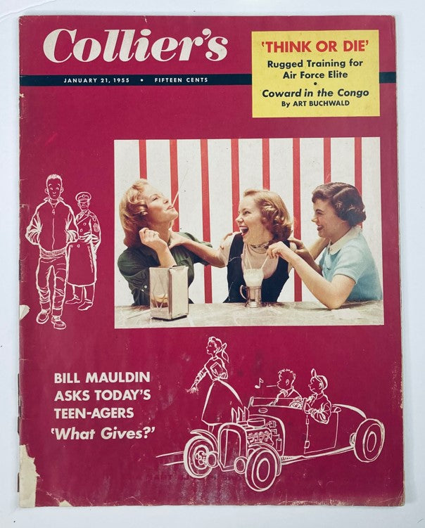 VTG Collier's Magazine January 21 1955 featuring three women enjoying milkshakes on the cover, showcasing Bill Mauldin's ask for teenagers 'What Gives?'. A vibrant retro design reflecting mid-20th century Americana.
