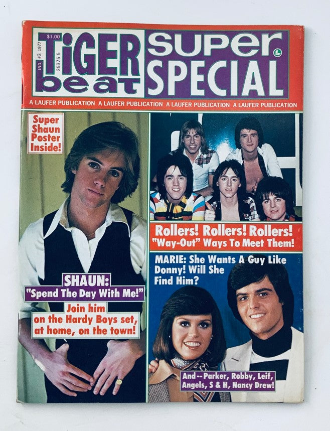 Cover of Tiger Beat Super Special 1977 #3 featuring Shaun Cassidy, Donny and Marie Osmond, and promotional messages for articles inside.