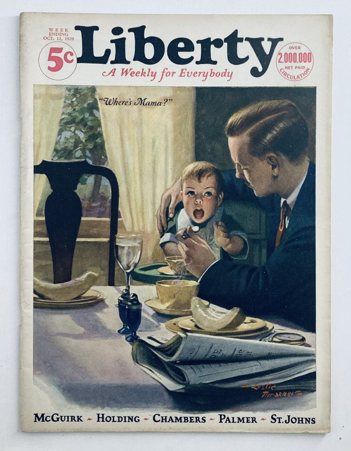 VTG Liberty Magazine dated October 12, 1929, Vol 6 No. 40, featuring a father with a child, showcasing themes of family and nostalgia, with the caption 'Where's Mama?' on the cover.