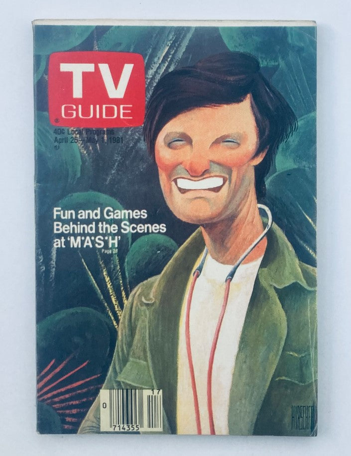 TV Guide Magazine from April 25, 1981 featuring 'Fun and Games Behind the Scenes at M*A*S*H'. The cover displays a colorful illustration of a character with exaggerated facial features, set against a backdrop of greenery. This edition is perfect for collectors of television history.