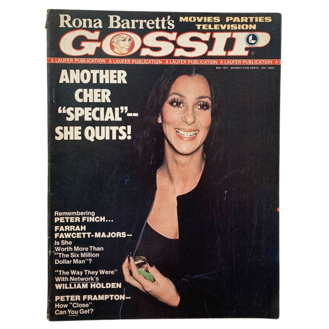 Rona Barrett's Gossip Magazine May 1977 cover featuring Cher and William Holden, showcasing the headline 'Another Cher Special - She Quits!' with vintage celebrity imagery.