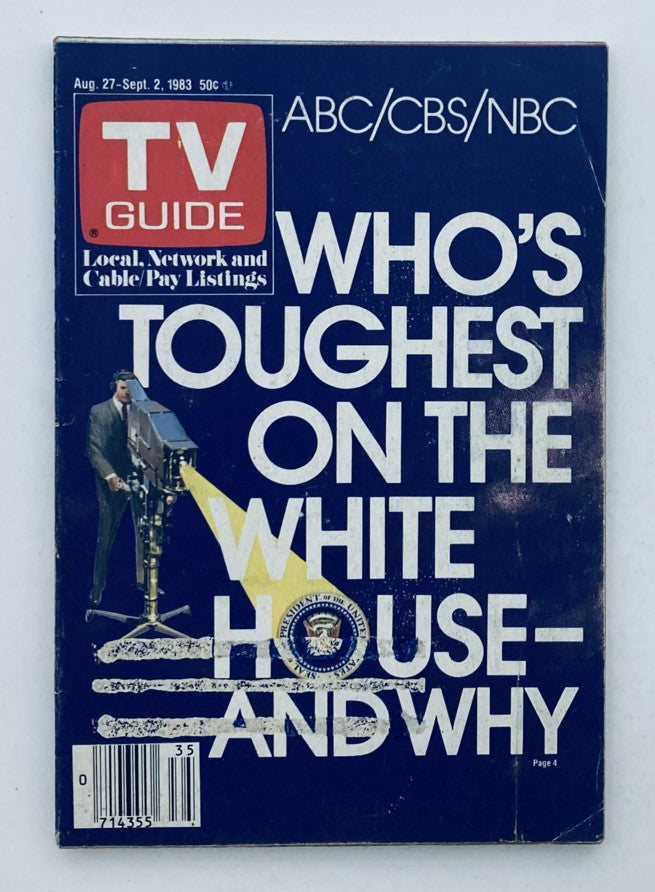 TV Guide Magazine cover from August 27, 1983 titled 'Who's Toughest on the White House—and Why' featuring a man with an old camera and a spotlight, published by ABC/CBS/NBC.