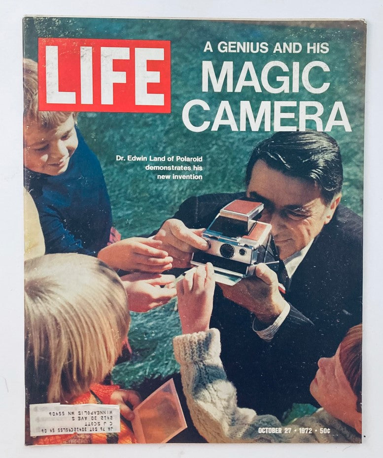 Cover of VTG Life Magazine October 27 1972 featuring Dr. Edwin Land demonstrating his Magic Camera, a revolutionary photography invention.