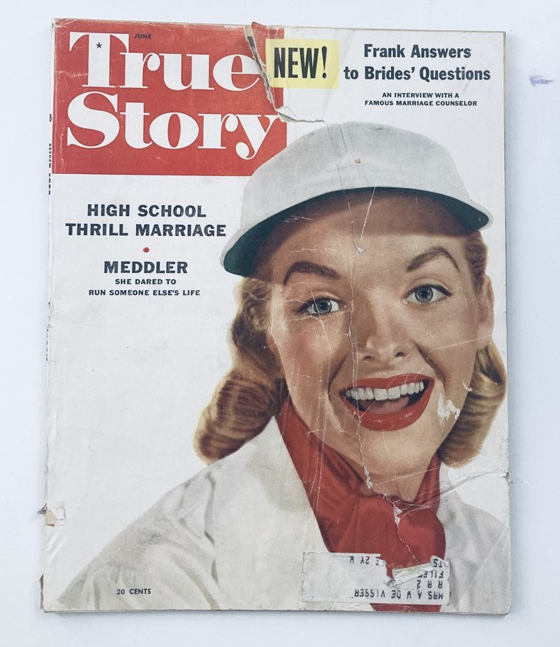 Cover of True Story Magazine, June Issue, showcasing the title 'High School Thrill Marriage' and featuring a smiling woman in a hat.
