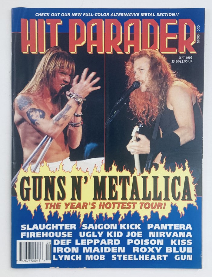 Hit Parader Magazine September 1992 featuring Axl Rose and James Hetfield on the cover, showcasing a rock and roll theme with vibrant colors and promotional text for Guns N' Metalllica tour.
