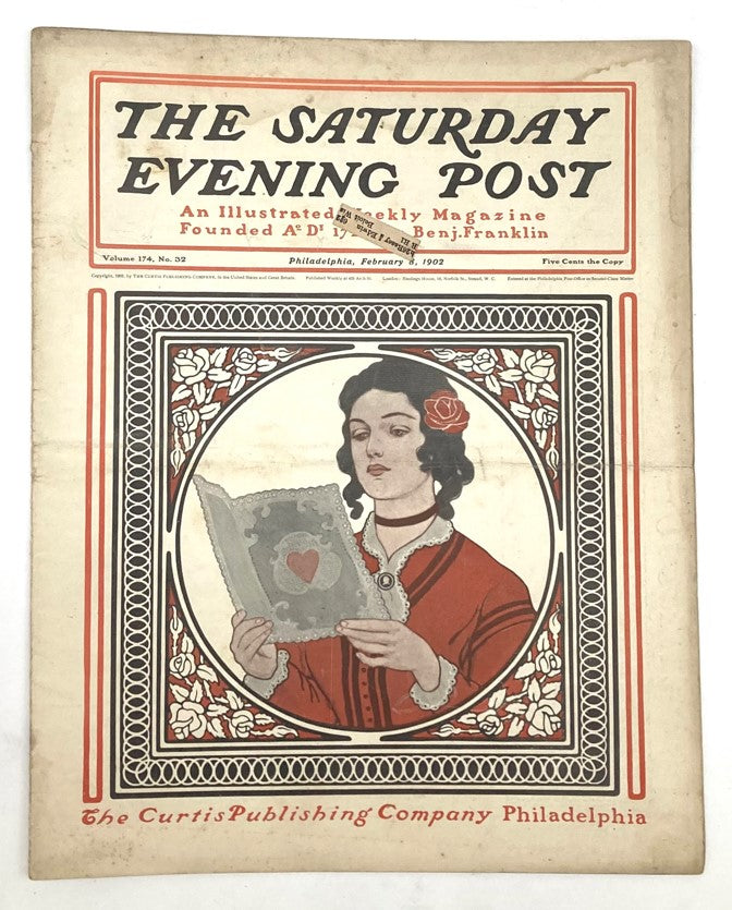Cover of the Saturday Evening Post Illustrated Magazine from February 8, 1902, featuring a woman reading a letter with a heart emblem, capturing the historical essence of the tumultuous relationship between Russia and Japan.