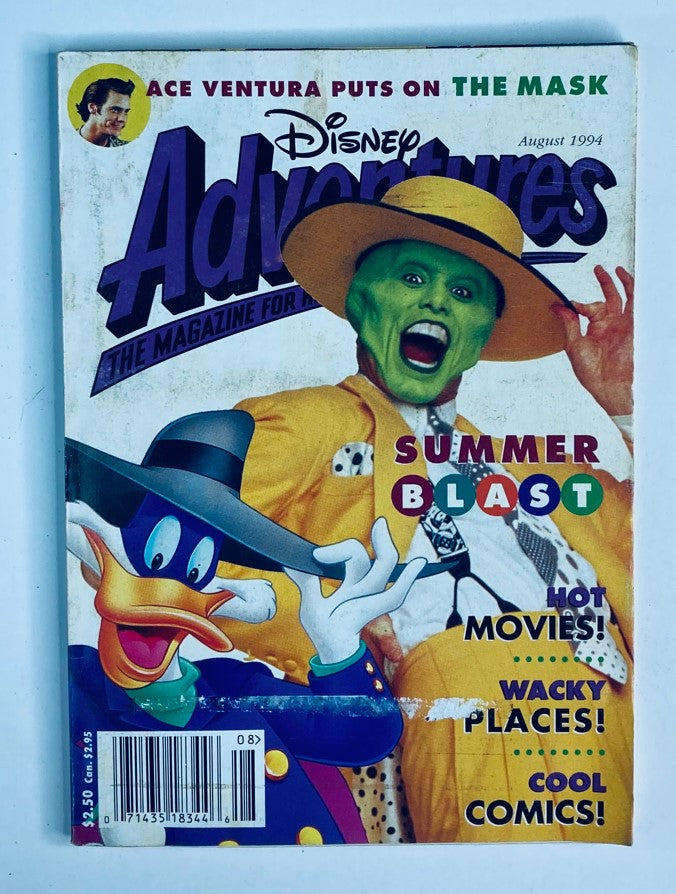 Cover of Disney Adventures Magazine from August 1994 featuring Jim Carrey as The Mask and Donald Duck. The magazine promotes summer activities, movies, and comics, capturing 90s nostalgia.