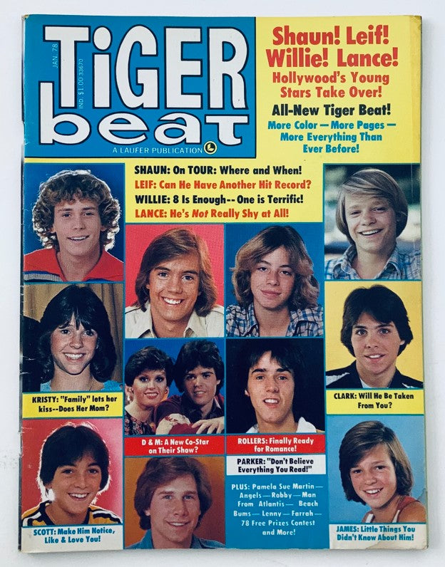 Cover of Tiger Beat Magazine January 1978 featuring celebrities Shaun Cassidy, Scott Baio, Donny & Marie, and more youthful stars; highlights pop culture from the 1970s.