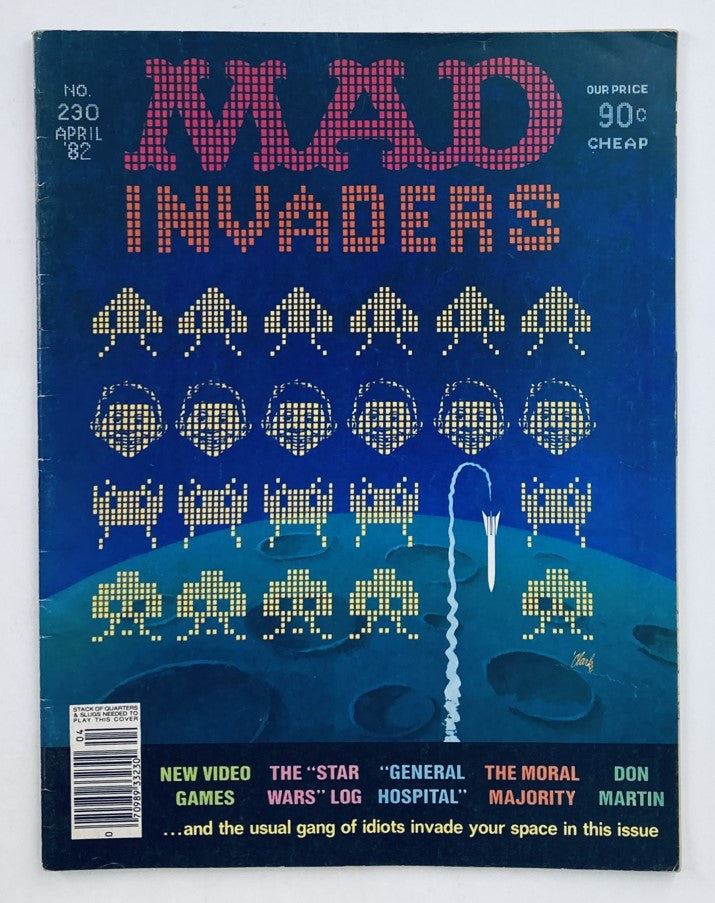 Cover image of Mad Magazine April 1982 No. 230 featuring the title 'Mad Invaders' and a retro video game theme, showcasing humorous illustrations that reflect 1980s pop culture.