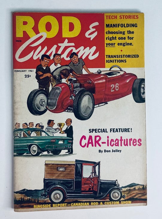 Cover of VTG Rod & Custom Magazine February 1961 featuring Car-icatures by Don Jolley. The magazine highlights tech stories, car features, and has a vibrant design with illustrations of cars and people. Ideal for collectors and automotive enthusiasts.