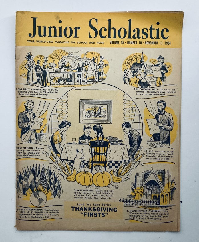 Cover of VTG Junior Scholastic Magazine from November 17, 1954, showcasing a Thanksgiving theme with illustrations and educational content.