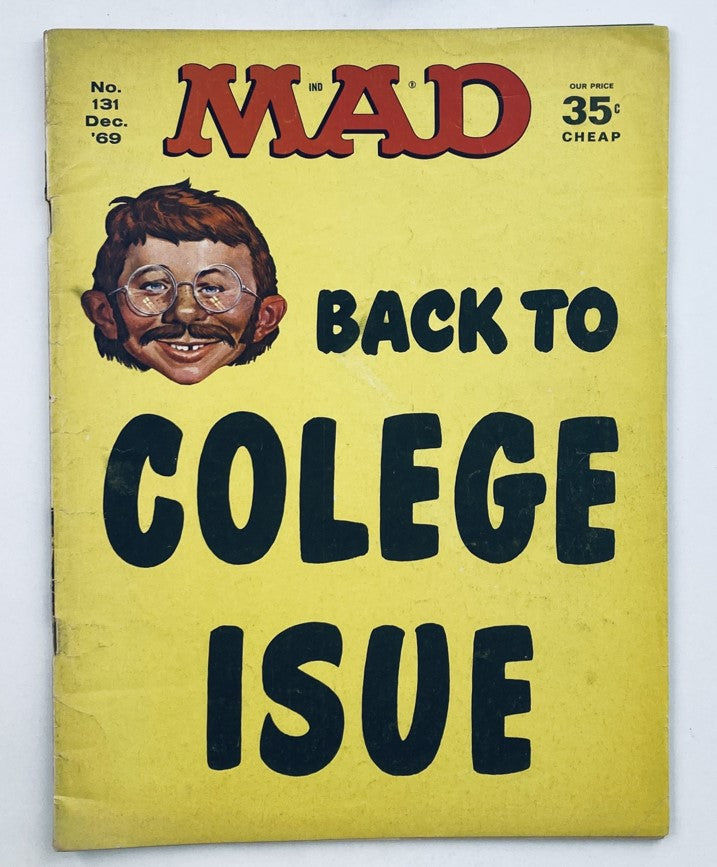 Mad Magazine December 1969 No. 131 cover featuring a humorous depiction of a student with glasses, with bold yellow background and the title 'BACK TO COLLEGE ISSUE'.