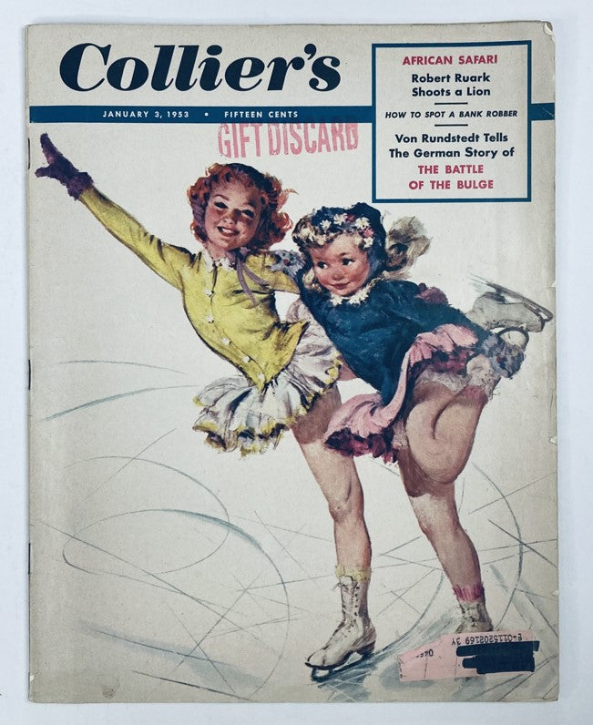 Cover of VTG Collier's Magazine from January 3, 1953, featuring a vibrant illustration of two young girls ice skating, promoting the story 'The Battle of The Bulge'.