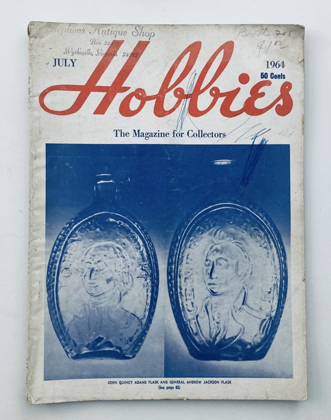 VTG Hobbies Magazine July 1964 Vol 69 No. 5 featuring John Quincy Adams and Andrew Flask on the cover, showcasing vintage glass flasks and vintage collectibles.